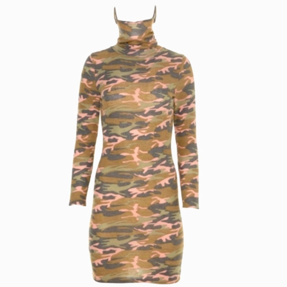 NEW Knit Sweater Long Sleeve Ribbed Self Gaiter Bodycon Camo Mini Dress